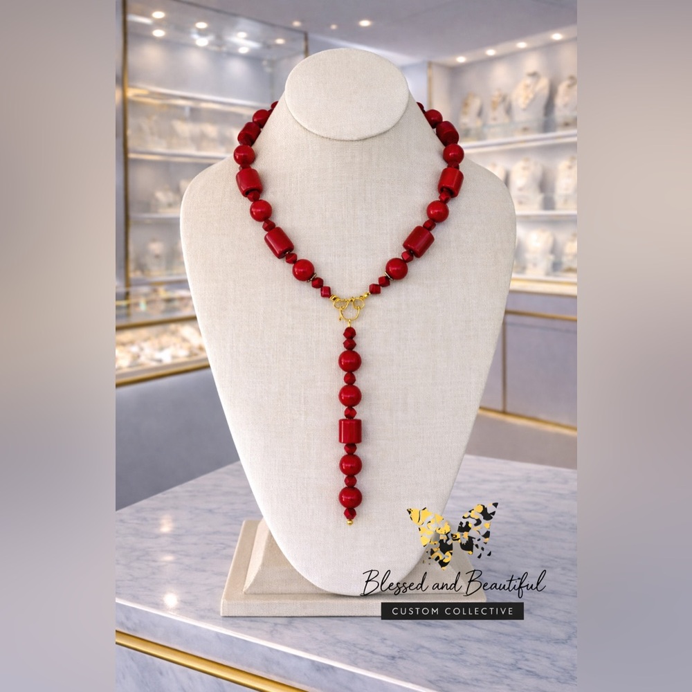 Red Agate Multi Shape Geometric Lariat Necklace - image 1